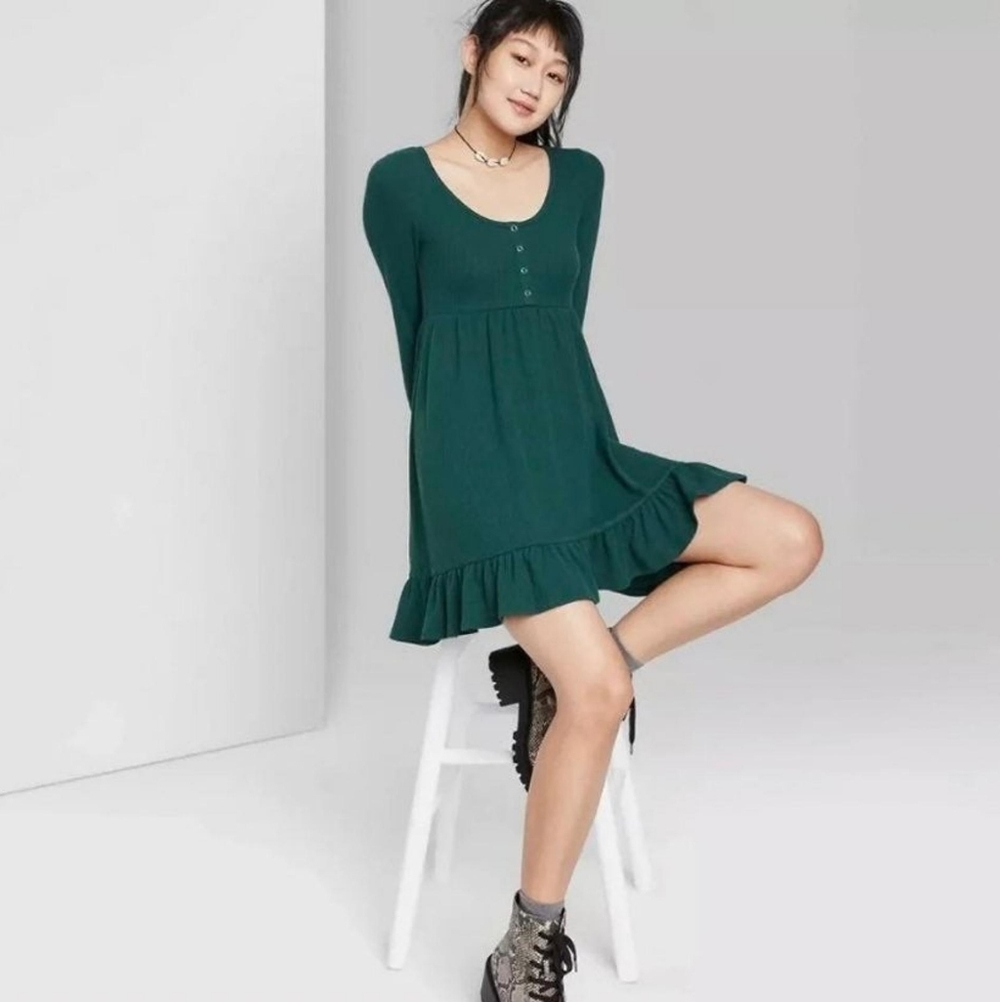 Wild Fable Forest Green Waffle Henley Long Sleeve Babydoll Dress